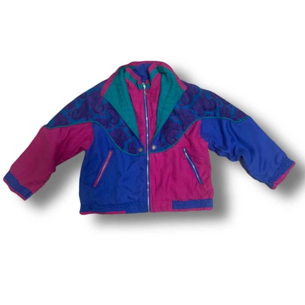 Vintage 1980s Retro Blue Paisley Colorblock Purple 100% Silk Multicolor Jacket